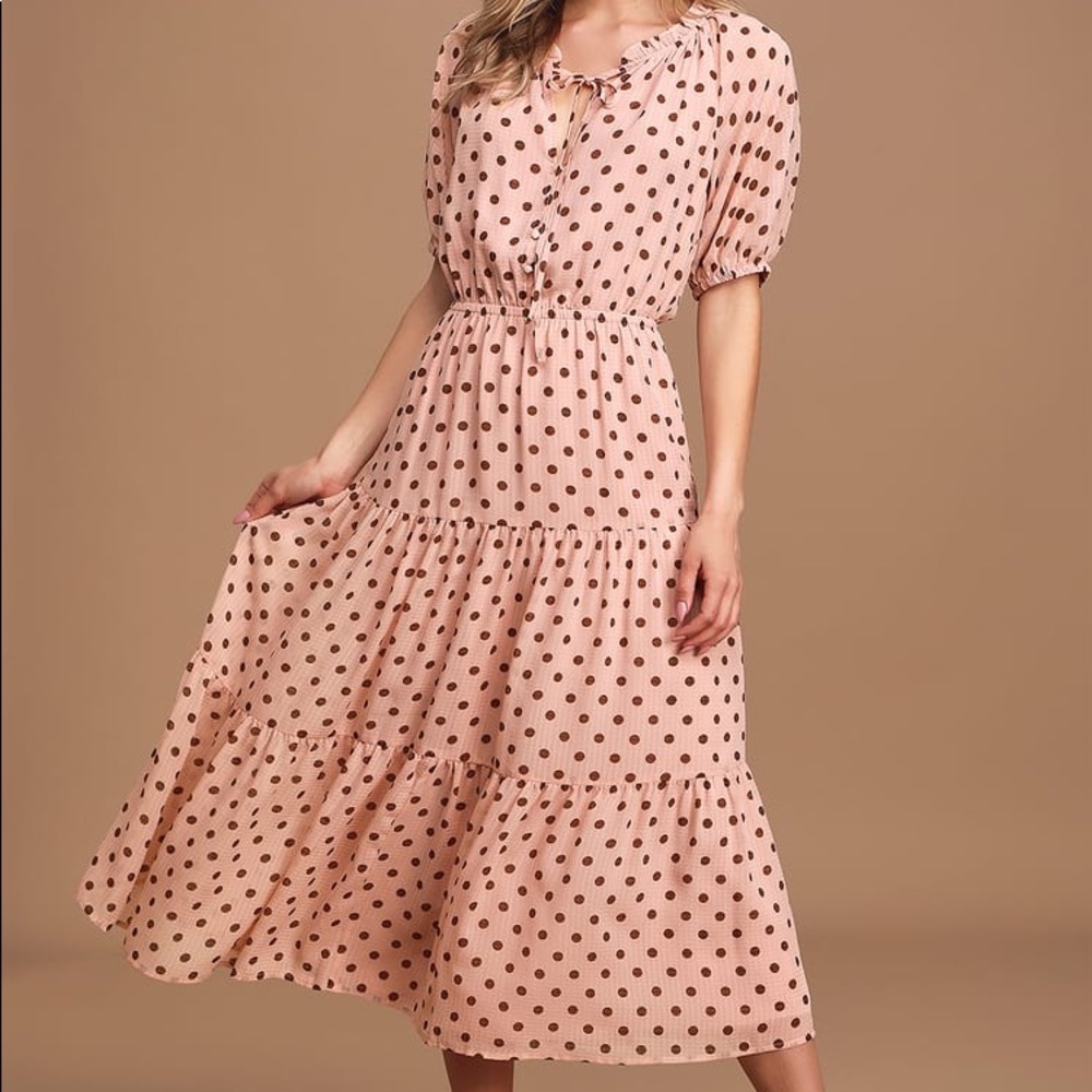 Love You Tier-ly Blush Pink Polka Dot Tiered Midi
